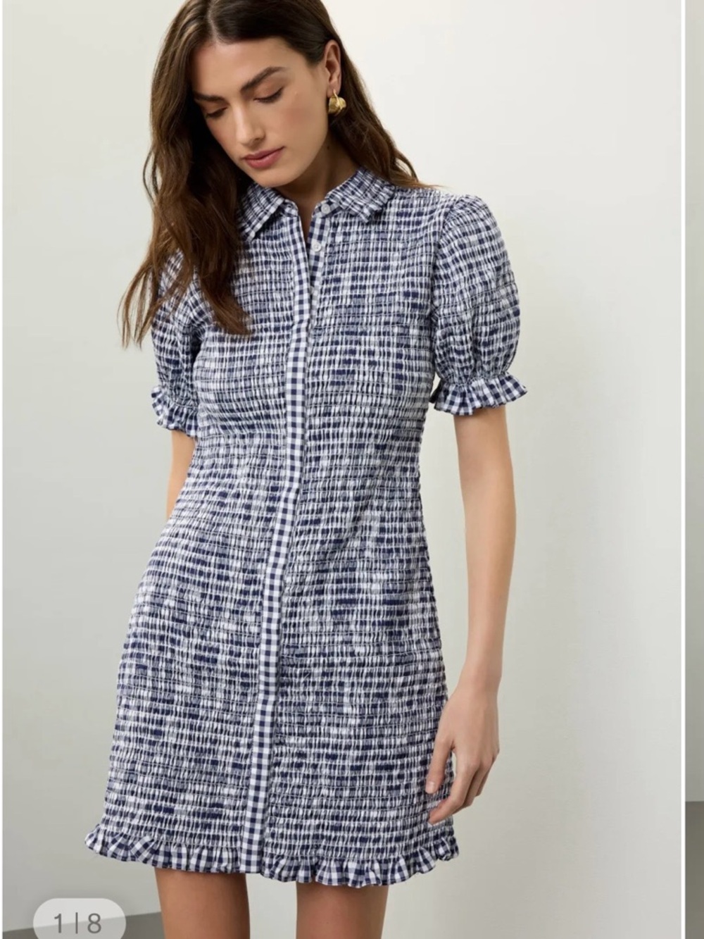 Jason Wu Navy and White Checked Puff Sleeve Mini Dress